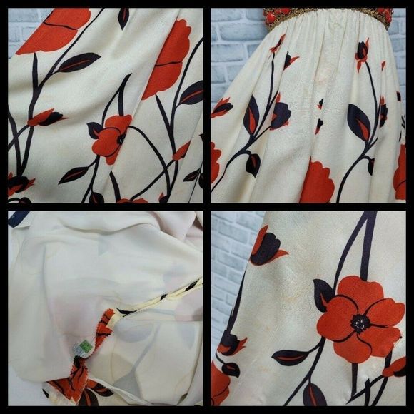 Vintage 60s 70s Union Made Maxi Dress Navy Orange Floral Skirt Beaded Waist - Picture 11 of 12